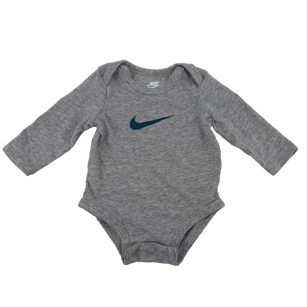 Nike Baby Bodysuit 3M Gray Long Sleeve Swoosh Logo One Piece Infant 3 Months